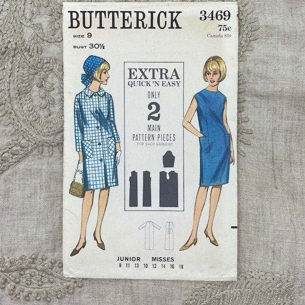 Butterick 3469 - 1960s Mod Quick 'N Easy Shift Dress and Straight Coat Pattern - Size 9 (30.5") - Uncut (FF)