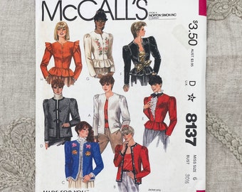 McCall's 8137 - 1980s Fitted Jacket Pattern with Bias Peplum and Gathered Cap Sleeves - Size 6 (30.5") - Uncut (FF)