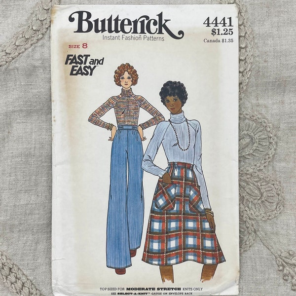 Butterick 4441 - 1970s A-line Skirt, High Waist Pants and Turtleneck Top Pattern - Size 8 (31.5") - Uncut (FF)