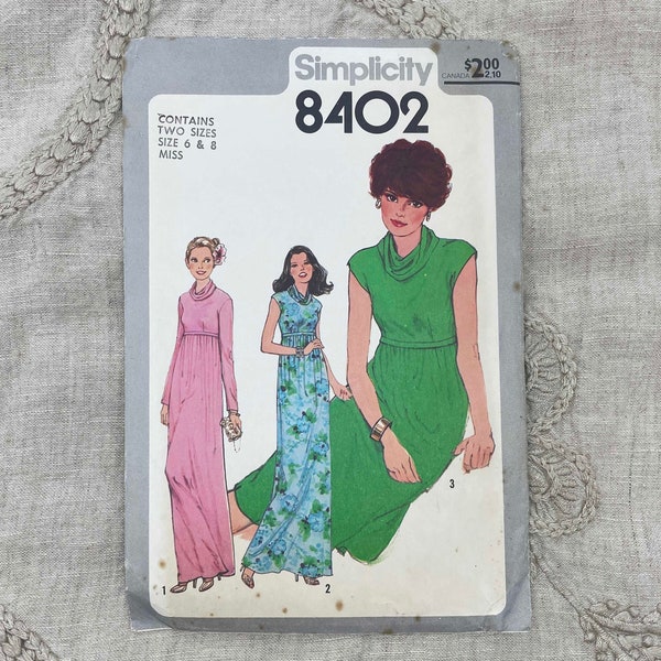 Simplicity 8402 - 1970s Empire Waist Dress Pattern with Cowl Collar - Size 6-8 (30.5-31.5") - Uncut (FF)