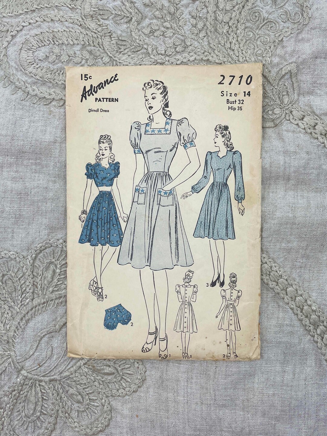 Advance Pattern 2710 1940s Dirndl Dress Pattern Optional Cropped Top ...