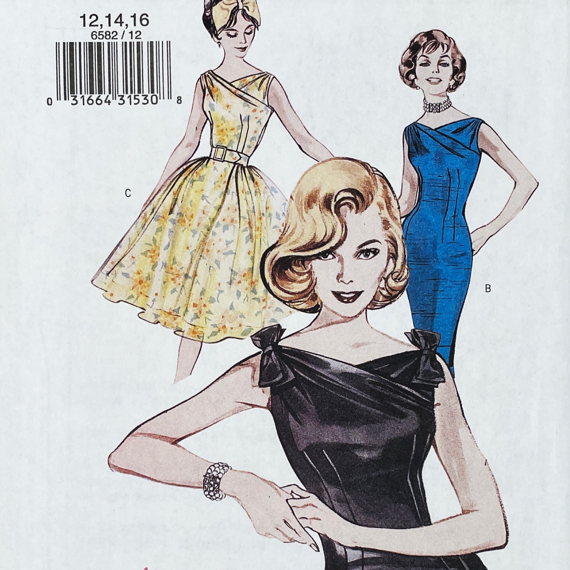 Butterick 6582 - Reissued 1960s Cross Over Tight or Flared Dress Pattern - Size 12-16 (34-38") - Uncut (FF)