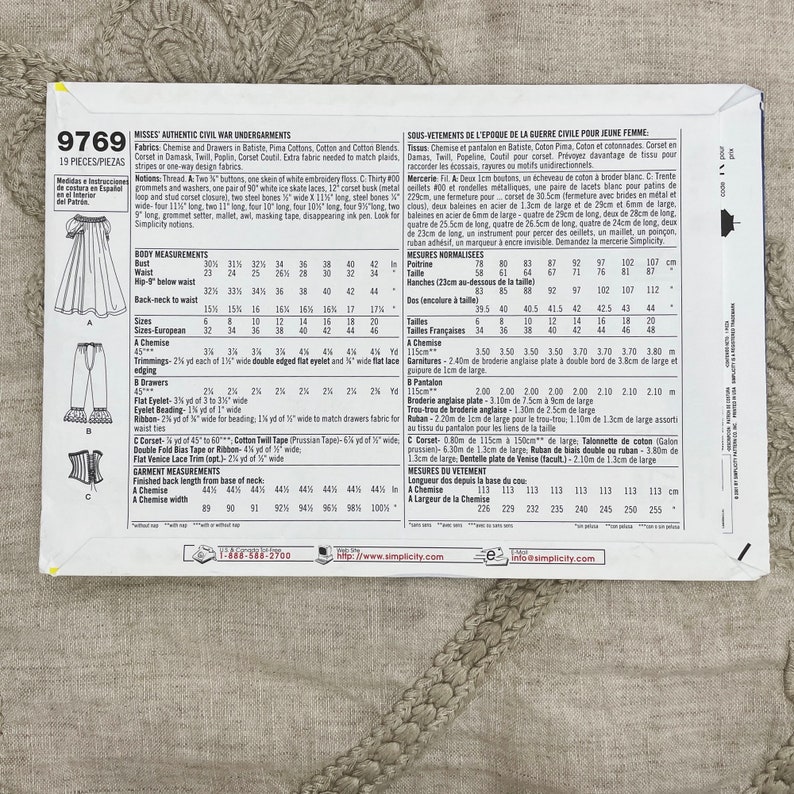 Pattern 9769 Simplicity 9769 Authentic Civil War Undergarments Sewing Pattern ...