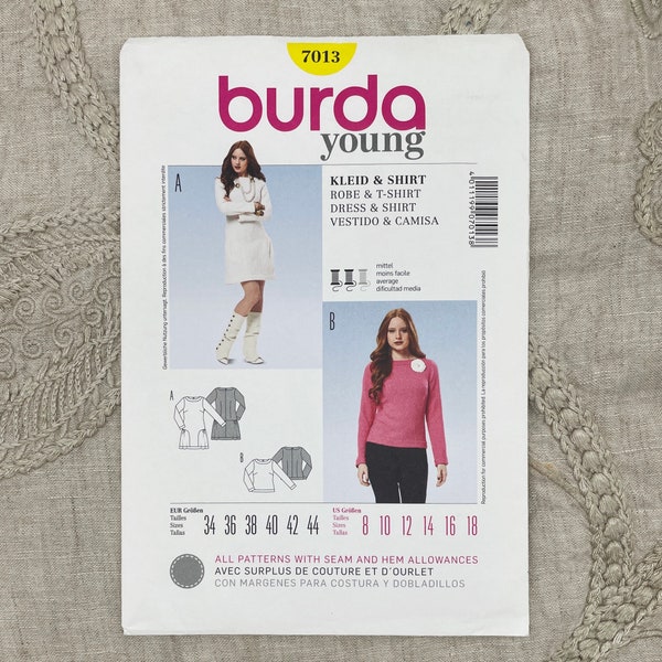 Burda 7013 - T-Shirt Dress and Shirt Pattern - Size 8-18 (31.5-39.5") - Uncut (FF)