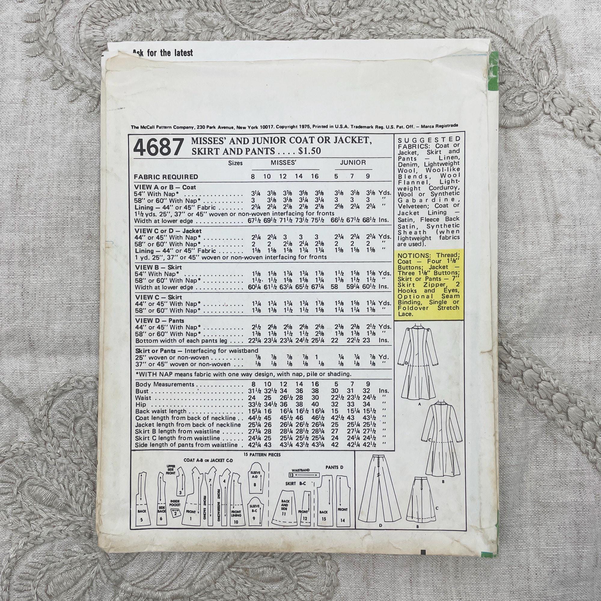 Mccall's 4687 - 1970s Princess Trench Coat, Jacket, Skirt and Pants ...