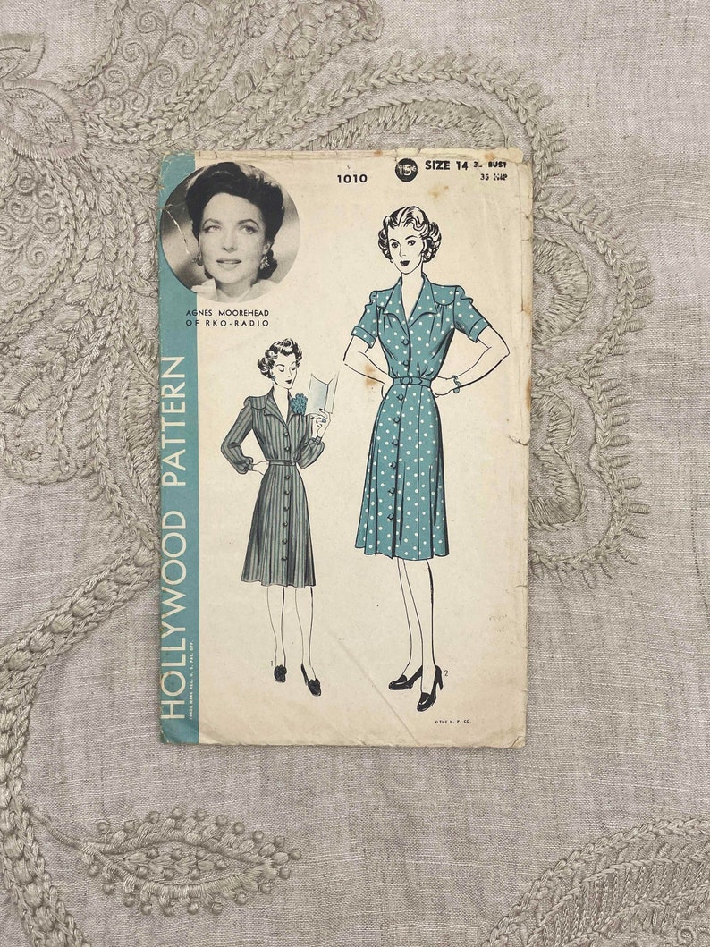 Hollywood Pattern 1010 Original 1940s Agnes Moorehead Shirtwaist Dress Pattern Size 14 32 Factory Cut image 2