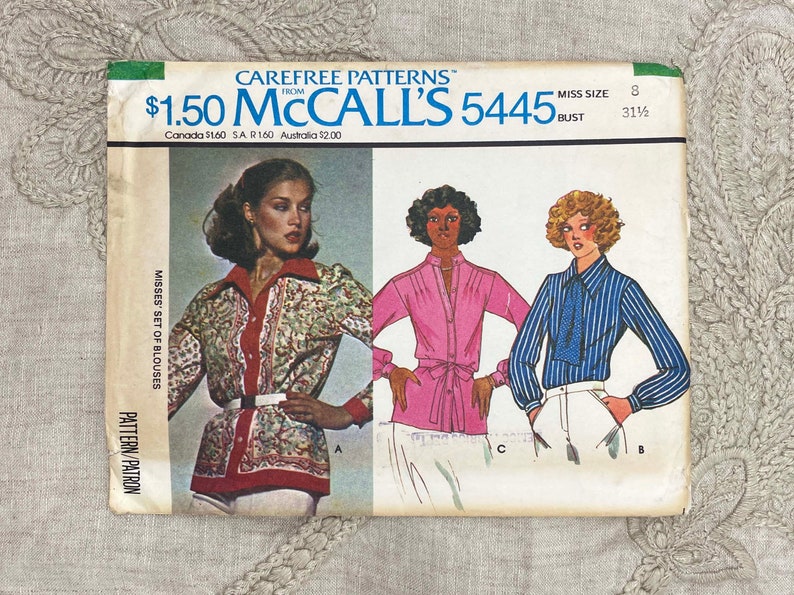 McCall's 5445 1970s Button Down Scarf Blouse Pattern with Wing or Standing Collar Options Size 8 31 1/2 Uncut FF image 1