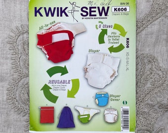 Kwik Sew K606 - Reusable All-In-One Cloth Diapers, Diaper Cover, and Bags Pattern - Size XS-XL (13-29 lb.) - Uncut (FF)