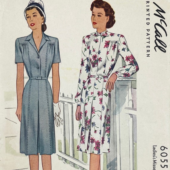 Mccall 6055 - 1940s Classic Shirtwaist Dress Sewing Pattern With Side  Gathers, Inverted Pleat and Neck Bow - Size 14 (32") - Cut - Etsy