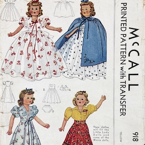 McCall 918 - Original 1940s Doll Wardrobe for &quot;Movie&quot; and &quot;Little Lady&quot; Dolls - Size 22&quot; Doll - Cut - Transfer Included