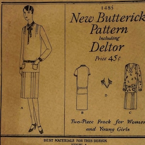 Butterick 1485 - Original 1920s Two-Piece Frock with Shoulder Tucks or Shirring and Pleated Skirt  - Size 38&quot; - Complete