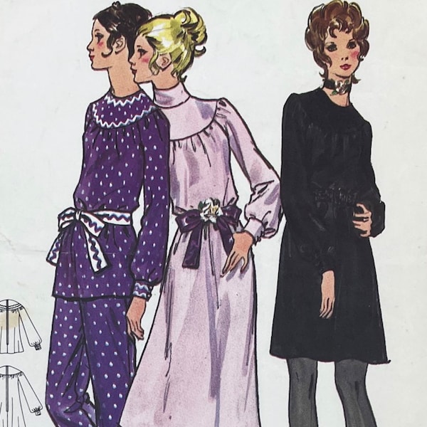 Butterick 6046 - 1970 Yoked Turtleneck Tunic Dress and Pants Pattern - Size 8 (31.5") - Cut