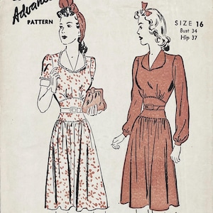 Advance 2982 - Original 1940s Midriff Gathered Dress Pattern - Size 16 (34&quot;) - Factory Cut