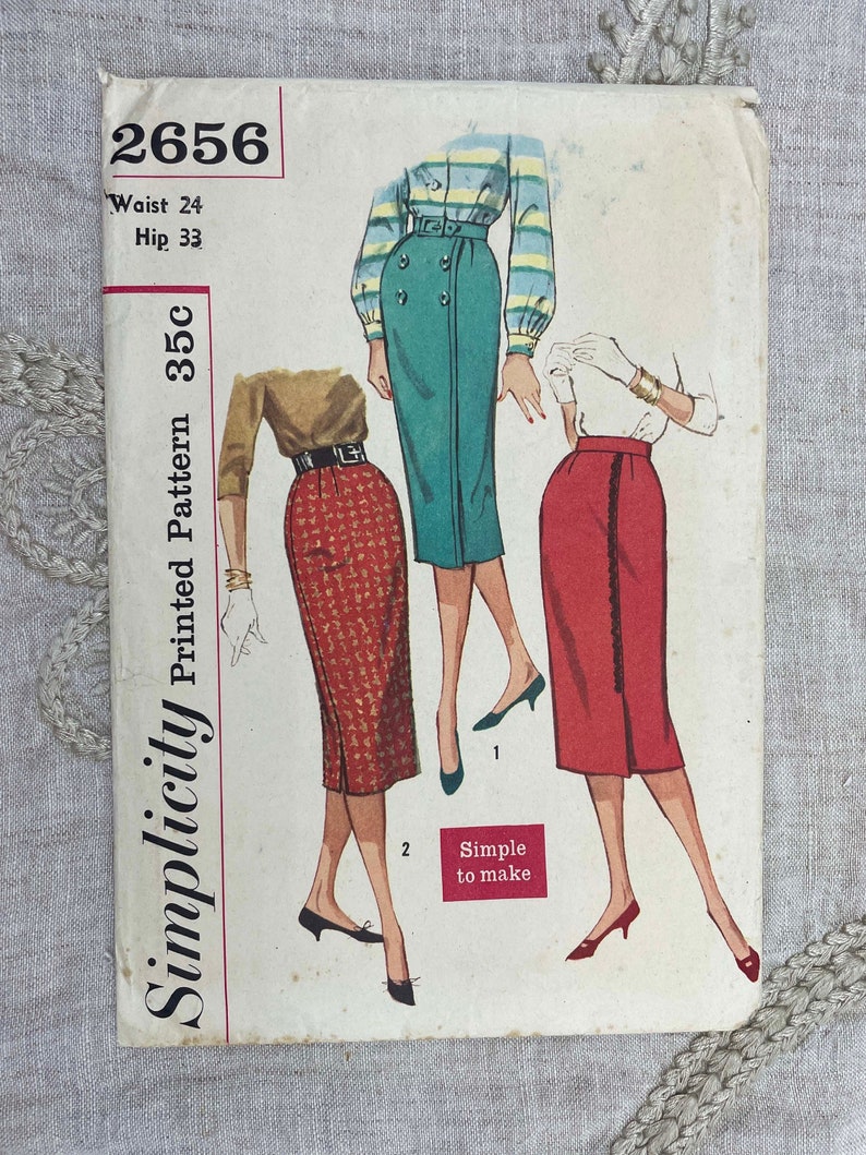 Simplicity 2656 1950s One Yard Faux Wrap Pencil Skirt Pattern Hip 33 Uncut FF image 1