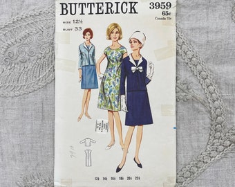 Butterick 3959 - 1960s Princess Cut Mod Dress and Jacket Pattern - Size 12 1/2 (33") - Cut