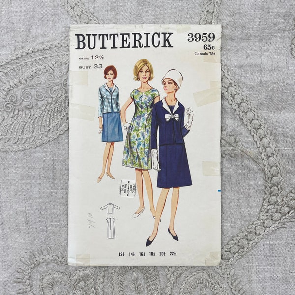 Butterick 3959 - 1960s Princess Cut Mod Dress and Jacket Pattern - Size 12 1/2 (33") - Cut