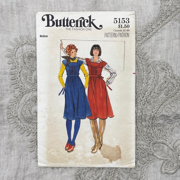 Butterick 5153 - 1970s Jumper Dress Pattern with Front Tucks and Extended Shoulders - Size Medium (34-36") - Uncut (FF)