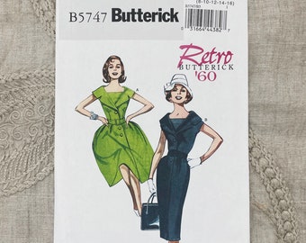 Butterick 5747 - Reissued 1960s Shirtwaist Dress Pattern with Full or Slender Skirt Detachable Dickey - Size 8-16 (31.5-38") - Uncut (FF)