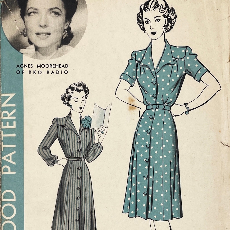 Hollywood Pattern 1010 Original 1940s Agnes Moorehead Shirtwaist Dress Pattern Size 14 32 Factory Cut image 1