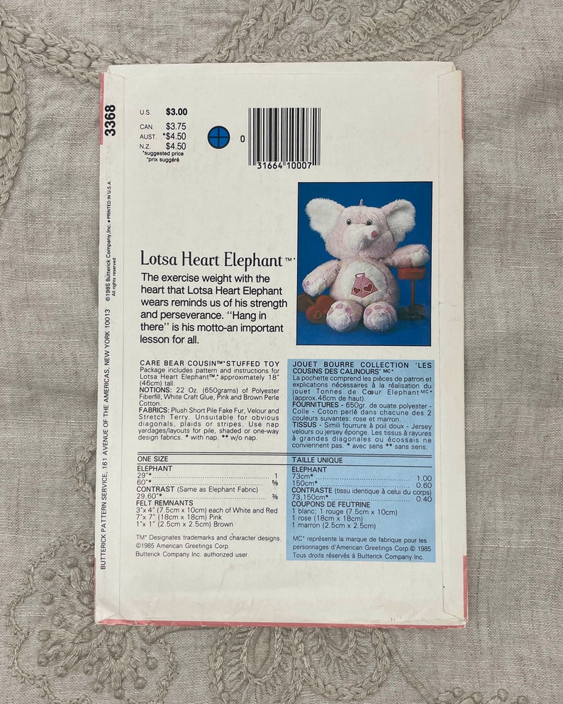 Butterick 3368 1980s Lotsa Heart Elephant Care Bear Cousins Stuffed Toy Pattern 18 Toy Uncut FF image 4