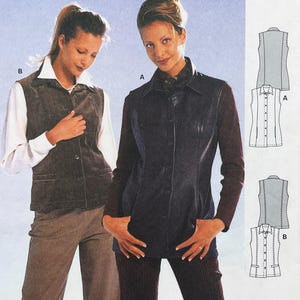 May include: A sewing pattern for a sleeveless vest featuring two variations: style A, a long-line button-front vest with a collar, and style B, a shorter button-front vest with a collar. The pattern includes technical line drawings for both designs.