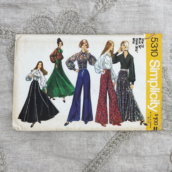 Simplicity 5310- 1970s Bell Bottom Pants, Gored Skirt and Raglan Puff Sleeve Blouse Pattern - Size 12 (34") - Cut