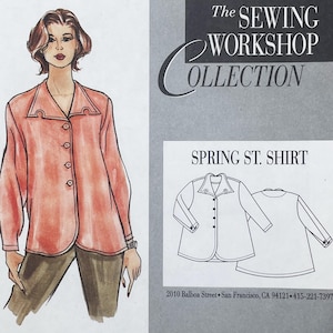 May include: A sewing pattern for the Spring St. Shirt from The Sewing Workshop Collection. The illustration shows a long-sleeved, button-front shirt in a coral color with a unique collar design, paired with dark pants. Includes line drawings.
