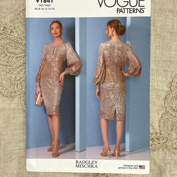 Vogue 1841 - Badgley Mischka Special Occasion Dress with Bishop Sleeves and Keyhole Neckline - Size 8-16 or Size 16-24 - Uncut (FF)