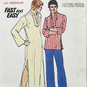 May include: Vintage sewing pattern featuring two illustrated figures. One figure wears a cream-colored tunic with a high slit, the other a red and white striped shirt and blue pants. The text "FAST and EASY" is displayed.