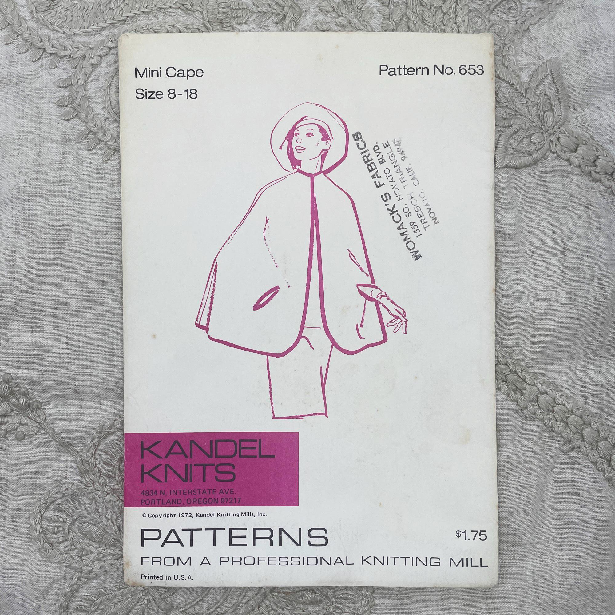 ブランドカタログ Kandel Knits 653 - 1970年代ケープ型紙（アームホール付き） - サイズ