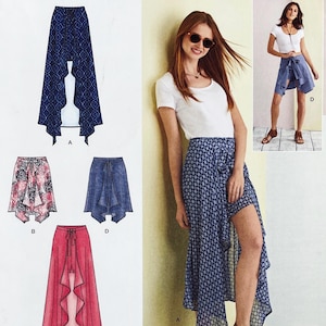 May include: A pattern for a wrap skirt with a high-low hemline. The skirt is shown in various fabrics, including a blue patterned fabric, a pink floral print, and a solid red. The skirt has a tie waist and a flowing design.