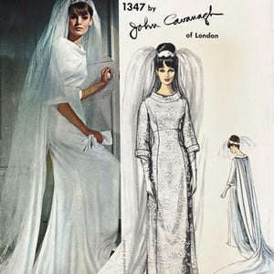 Puede incluir: Un vestido de novia y una ilustración vintage. La fotografía muestra a una novia con un vestido blanco y un velo largo. La ilustración representa un vestido de novia blanco similar con detalles florales, mangas largas y un velo. El texto dice "1347 by John Cavanagh of London."