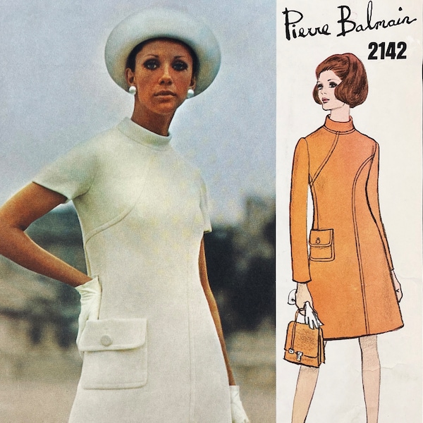 Vogue 2142 - Pierre Balmain 1960s Space-Age Standing Collar Dress Pattern - Size 10 (32.5") - Cut