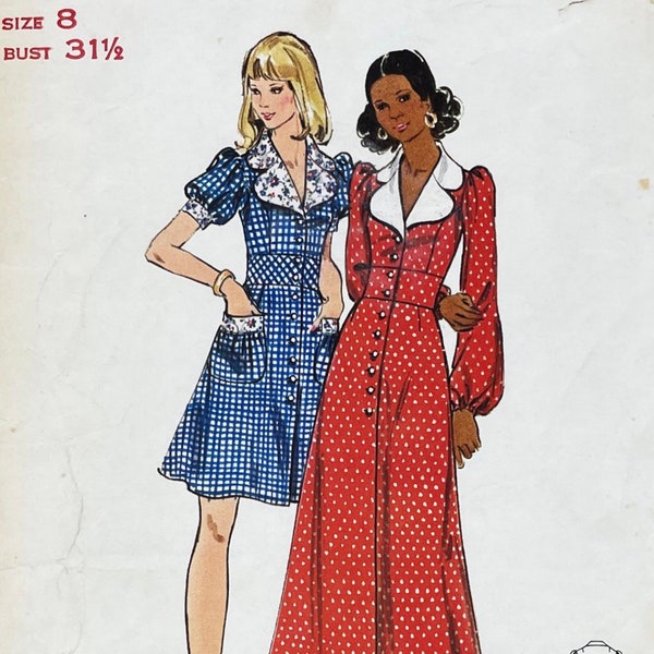 Butterick 3138 - 1970s Notched Collar Button Front Dress Pattern with Puffy Sleeves - Size 8 (31.5") - Cut