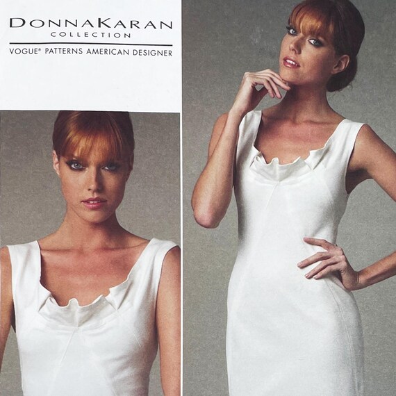 Vogue 1218 Donna Karan Inverted V Seamed Ruffled Neckline Dress Sewing Pattern - Uncut Size 4-10 or Size 12-18