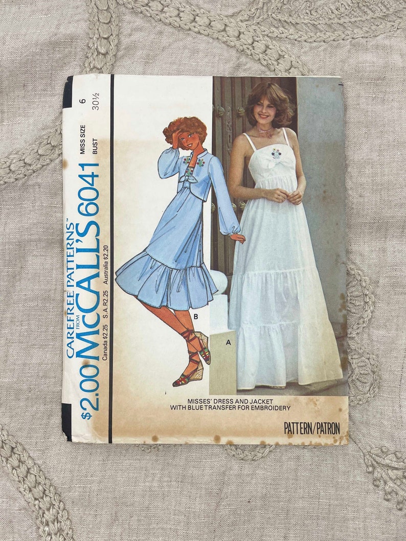 McCall's 6041 1970s Camisole Sundress and Mandarin Collar Jacket with Floral Embroidery Size 6 30.5 Uncut FF image 1