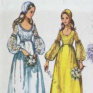Simplicity 9260 - 1970s Lantern Sleeve Wedding or Bridesmaid Dress and Cap Pattern - Size 10 (32.5&quot;) - Cut