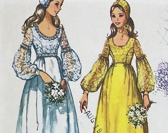 Simplicity 9260 - 1970s Lantern Sleeve Wedding or Bridesmaid Dress and Cap Pattern - Size 10 (32.5&quot;) - Cut