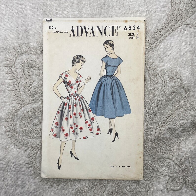 Advance 6824 John Moore 1950s Cape Collar Molded Bodice Wide V Neckline Dress Pattern Size 9 Junior 28 Factory Fold image 2