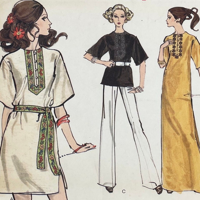Vogue 7808 1970s Boho Kaftan Tunic Dress Pattern Size Large 38-40 Cut image 1