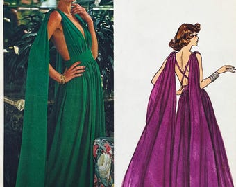 Vogue 1135 - Emanuel Ungaro 1970s Back Paneled Goddess Evening Dress Pattern - Size 10 (32.5&quot;) - Cut