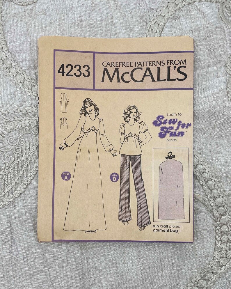 McCall's 4233 1970s Puff Sleeve Boho Blouse and Dress Pattern with Garment Bag Pattern Size 8 31.5 Uncut FF image 3