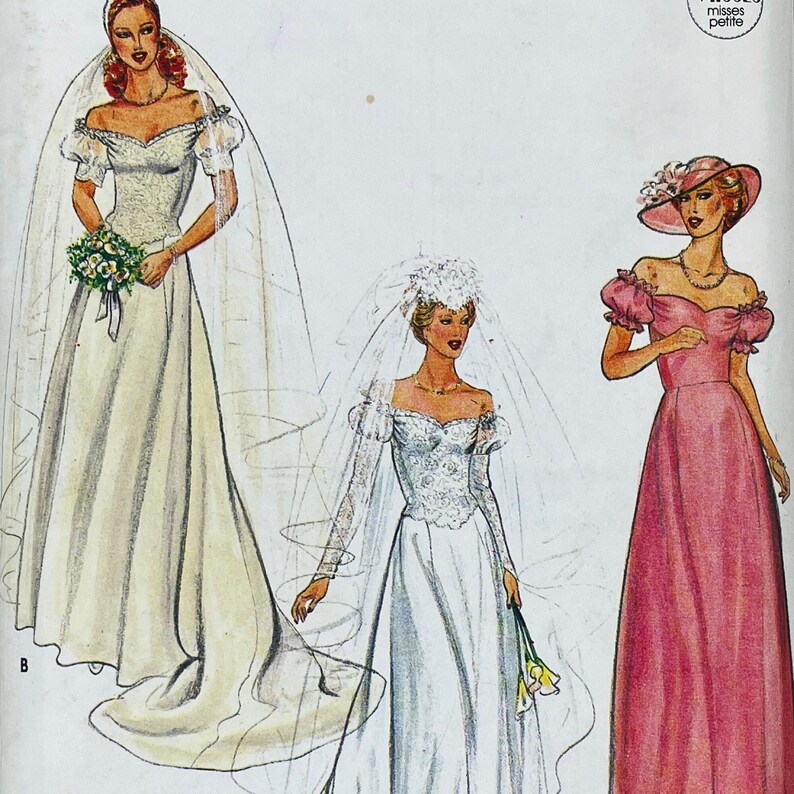 Butterick 4235 Off the Shoulder Shaped Princess Wedding Gown Pattern with Basque Waist and Detachable Train Size 14 36 Uncut FF image 1