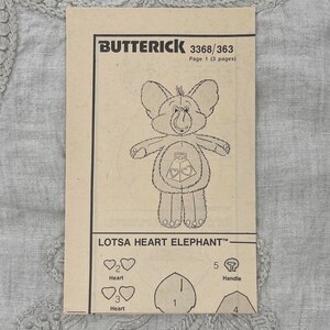 Butterick 3368 1980s Lotsa Heart Elephant Care Bear Cousins Stuffed Toy Pattern 18 Toy Uncut FF image 3