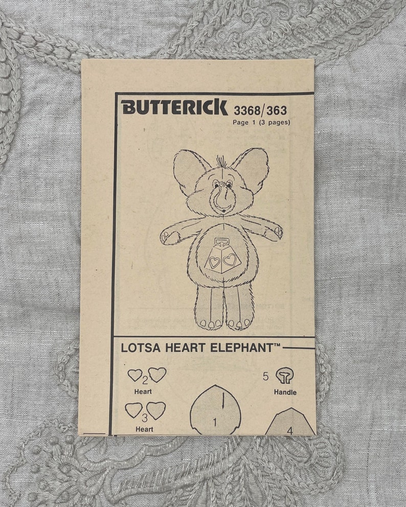 Butterick 3368 1980s Lotsa Heart Elephant Care Bear Cousins Stuffed Toy Pattern 18 Toy Uncut FF image 3