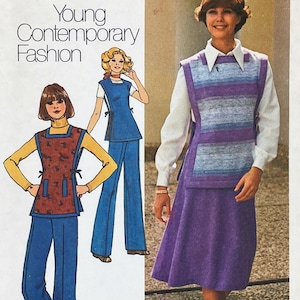 May include: Vintage fashion illustration featuring a woman in a purple skirt and a striped vest over a white collared shirt. The image also shows illustrations of other outfits, including a blue tunic and pants. The text "Young Contemporary Fashion" is at the top.
