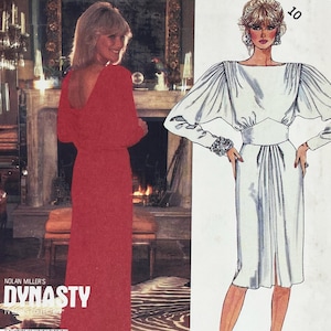 Könnte beinhalten: Vintage Modeillustration mit einem roten Kleid und einem weißen Kleid. Das rote Kleid hat einen tiefen Rücken und lange Ärmel. Das weiße Kleid hat einen hohen Ausschnitt, lange Ärmel und eine taillierte Taille. Der Text "Nolan Miller's Dynasty" ist sichtbar.