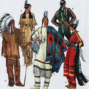 Puede incluir: Una ilustración que muestra cinco figuras con diversas prendas, incluyendo un conjunto marrón con flecos y un tocado de plumas, un vestido beige con flecos, una chaqueta verde con rayas amarillas y rojas, un vestido blanco con flecos y una manta azul estampada, y un vestido rojo.