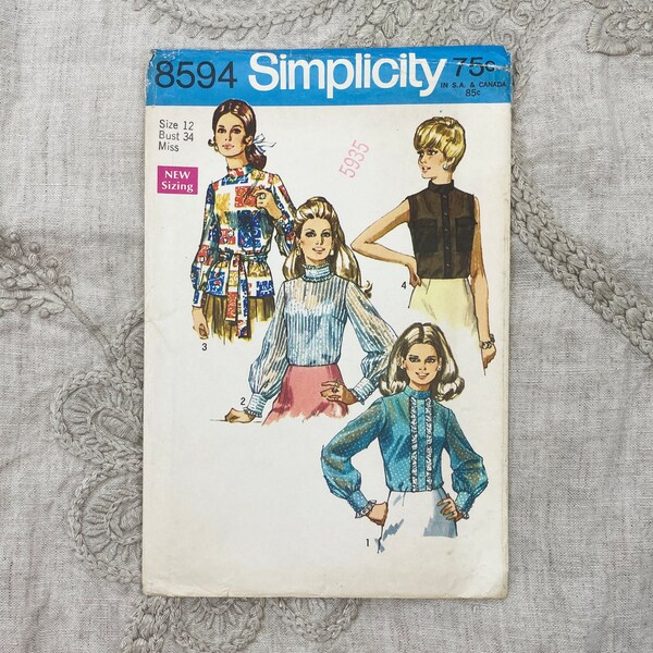 McCall's 8594 - 1970s Romantic Standing Collar Sheer Blouse Pattern - Size 12 (34") - Cut