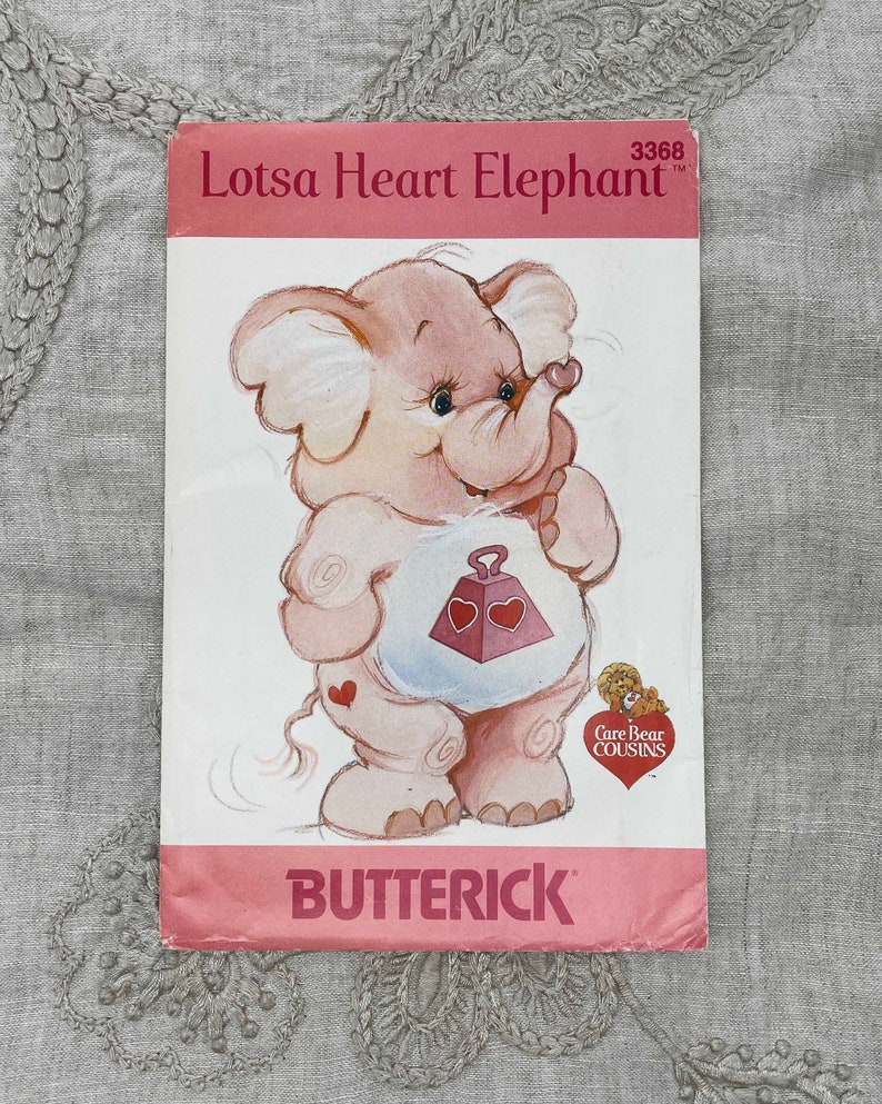 Butterick 3368 1980s Lotsa Heart Elephant Care Bear Cousins Stuffed Toy Pattern 18 Toy Uncut FF image 1